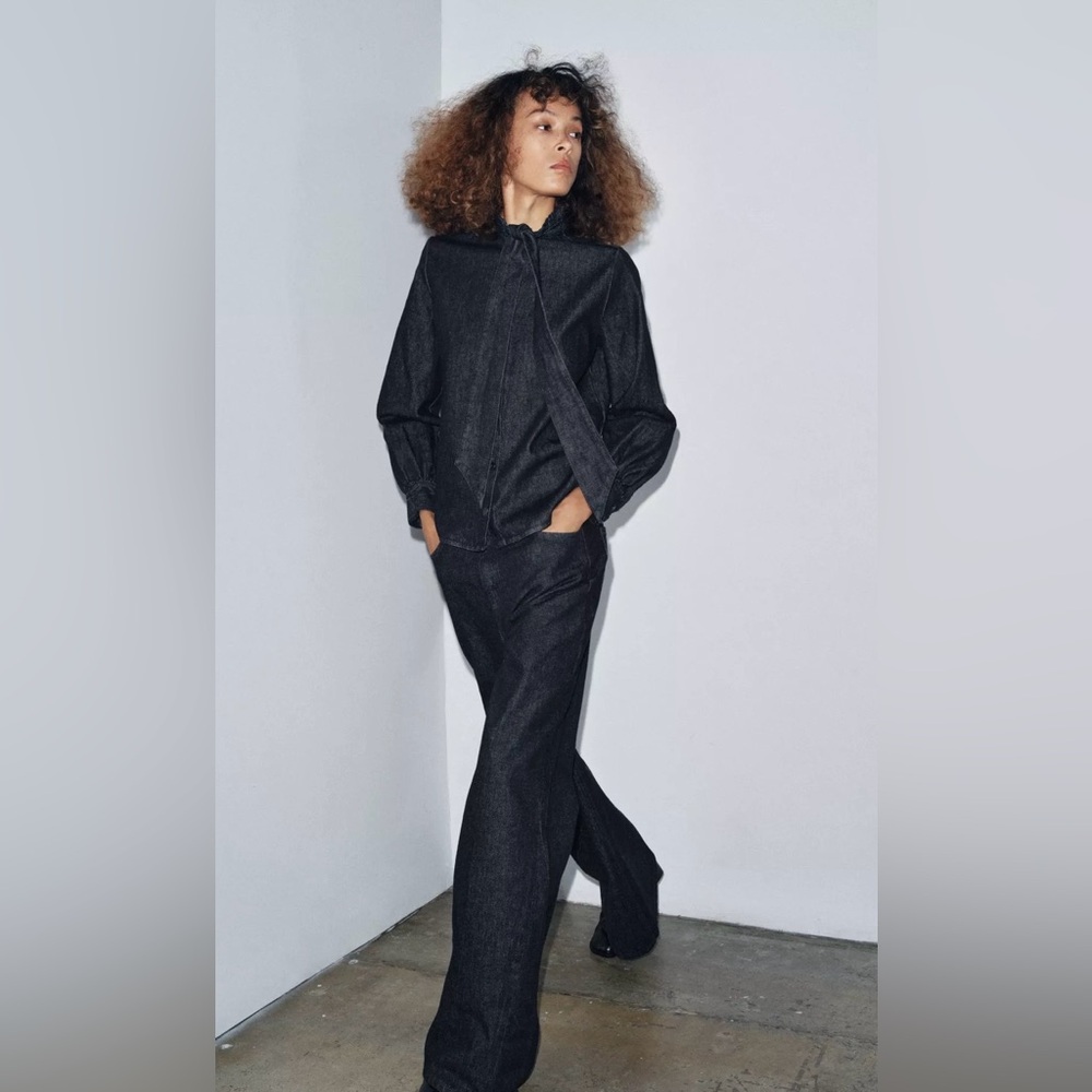 Zara ZW Collection co-ord Denim high waisted full length pants Denim Tie shirt
